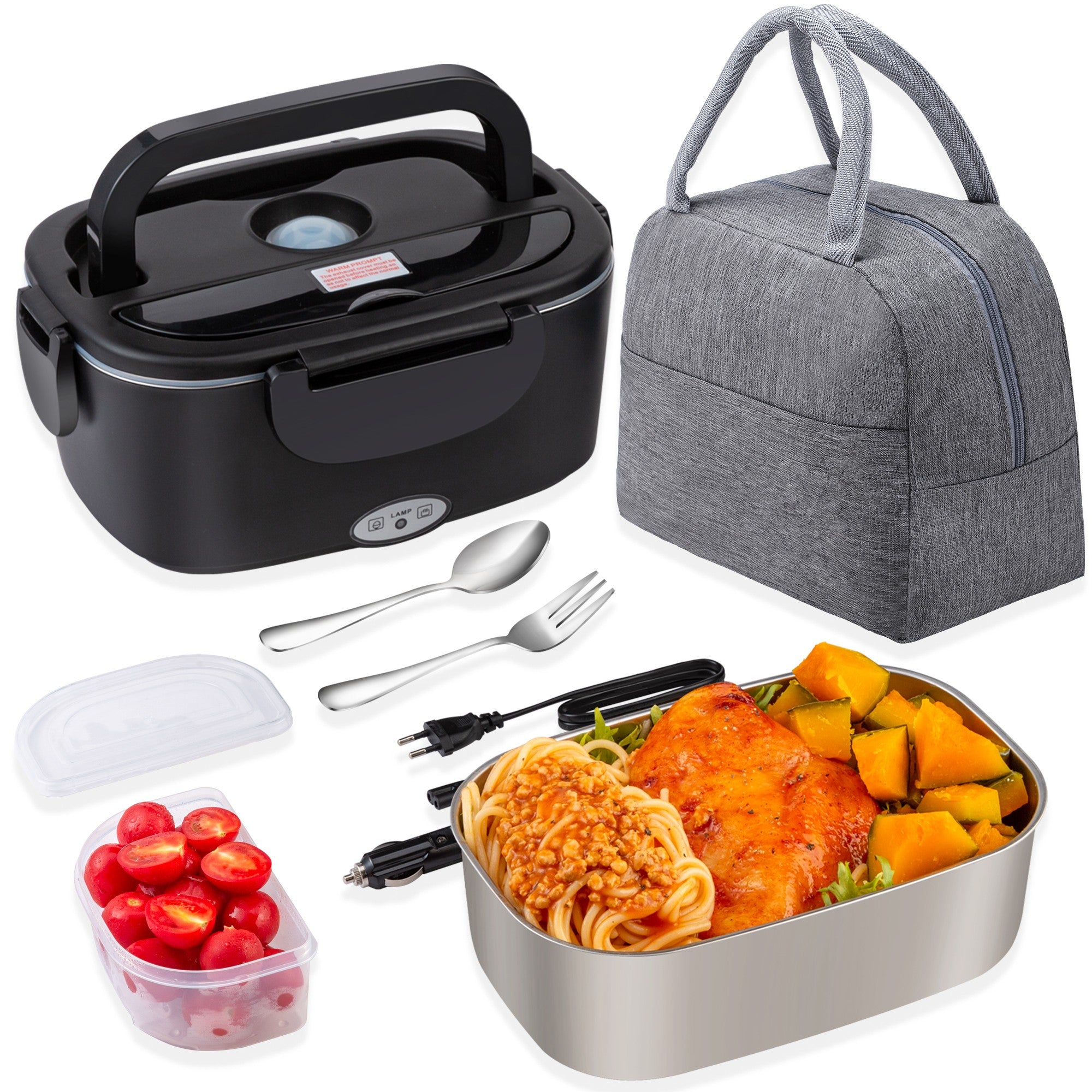 𝗔𝗽𝗼𝗹𝗹𝗼 Electric Lunch Box Food Heater 1500ml 80W Lunch Box Warmer 12V/24V/110V with Bag-Black