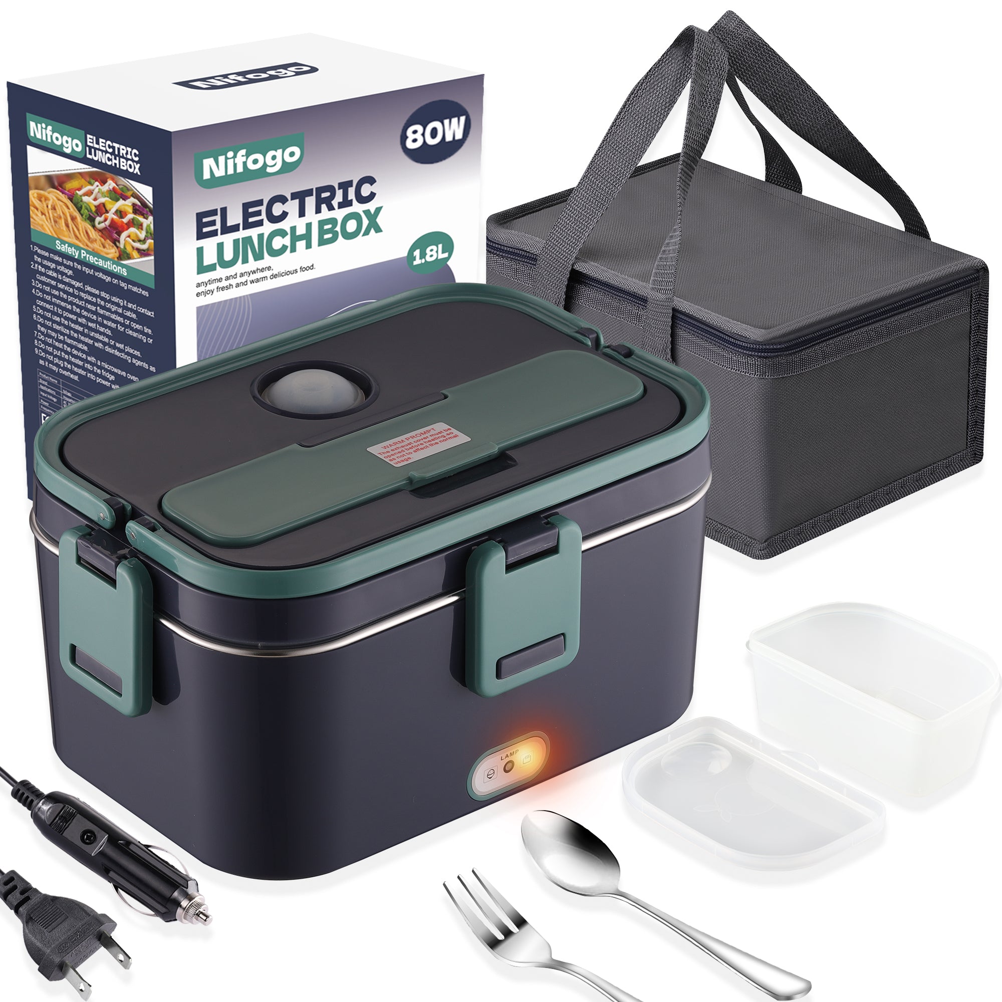 𝗡𝗮𝗽𝗼𝗹𝗶 Electric Lunch Box Food Heater 1800ml 80W Lunch Box Warmer 12V/24V/110V with Bag-Green