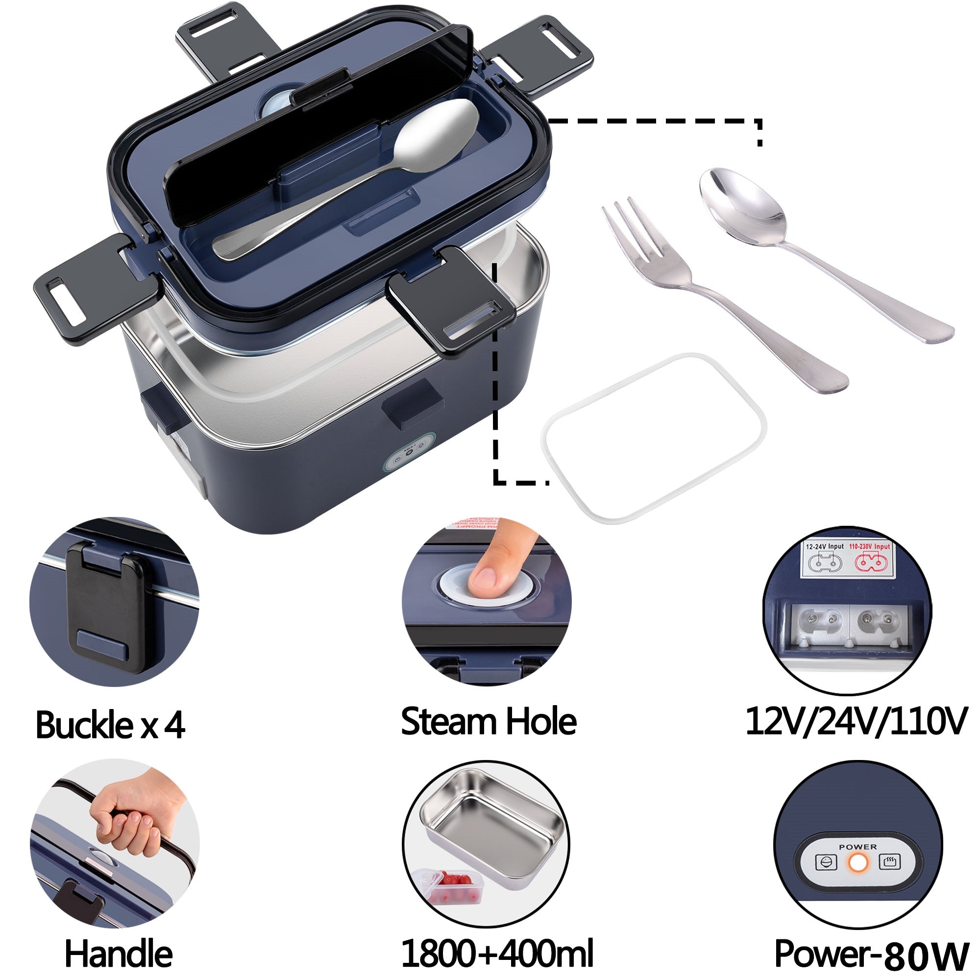 𝗡𝗮𝗽𝗼𝗹𝗶 Electric Lunch Box Food Heater 1800ml 80W Lunch Box Warmer 12V/24V/110V with Bag-Black