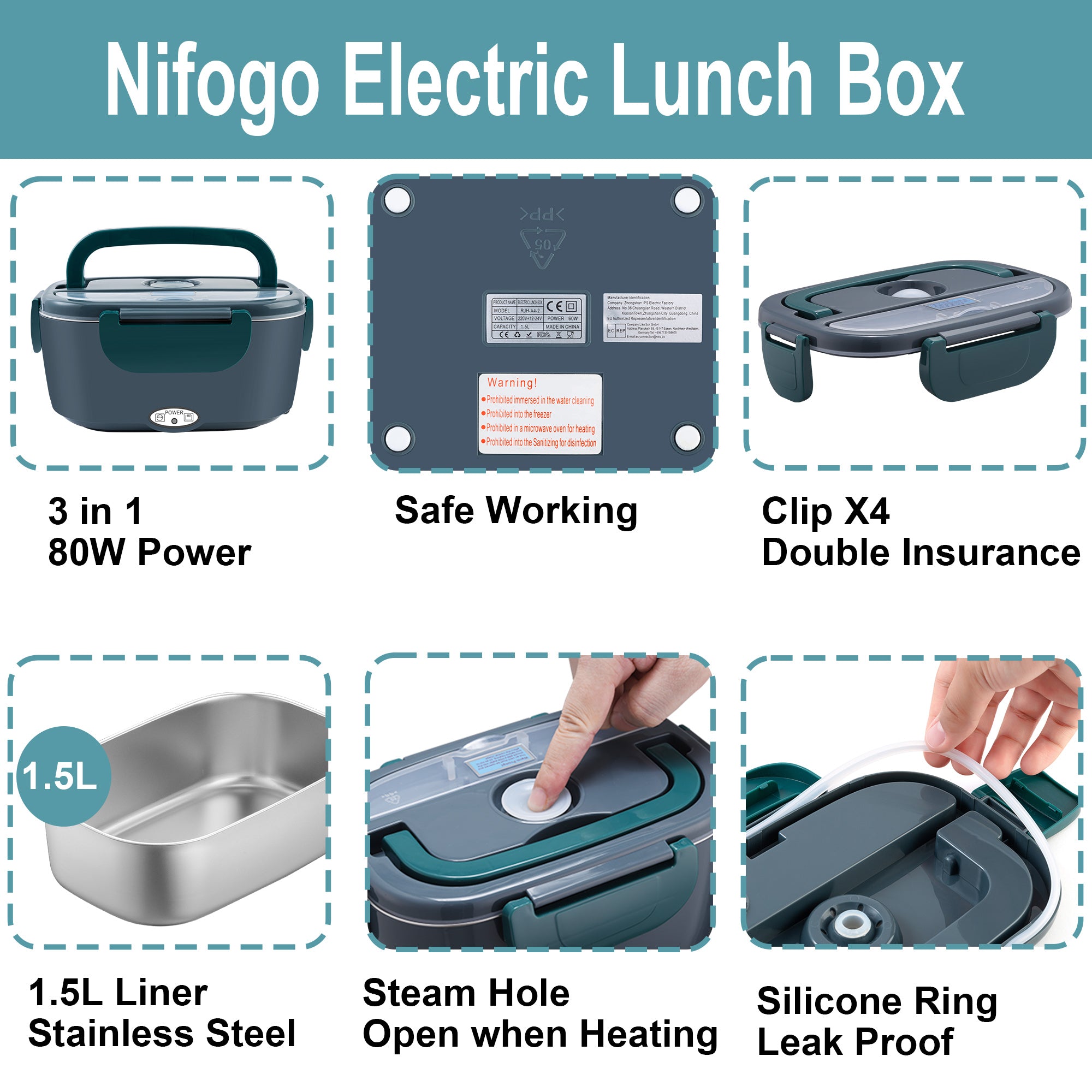 𝗔𝗽𝗼𝗹𝗹𝗼 Electric Lunch Box Food Heater 1500ml 80W Lunch Box Warmer 12V/24V/110V with Bag-Blue