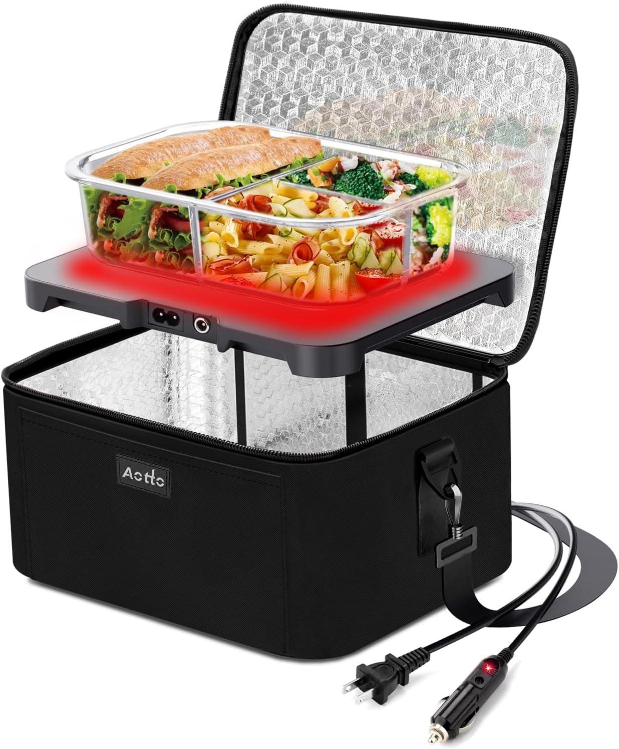 Horno portátil Aotto. 12V. 24V. Calentador de alimentos de 110 V. Mini lonchera portátil portátil con calefacción por microondas para cocinar y recalentar alimentos en el automóvil. Camión. Viajar. Cámping. Trabajar. Hogar. Negro