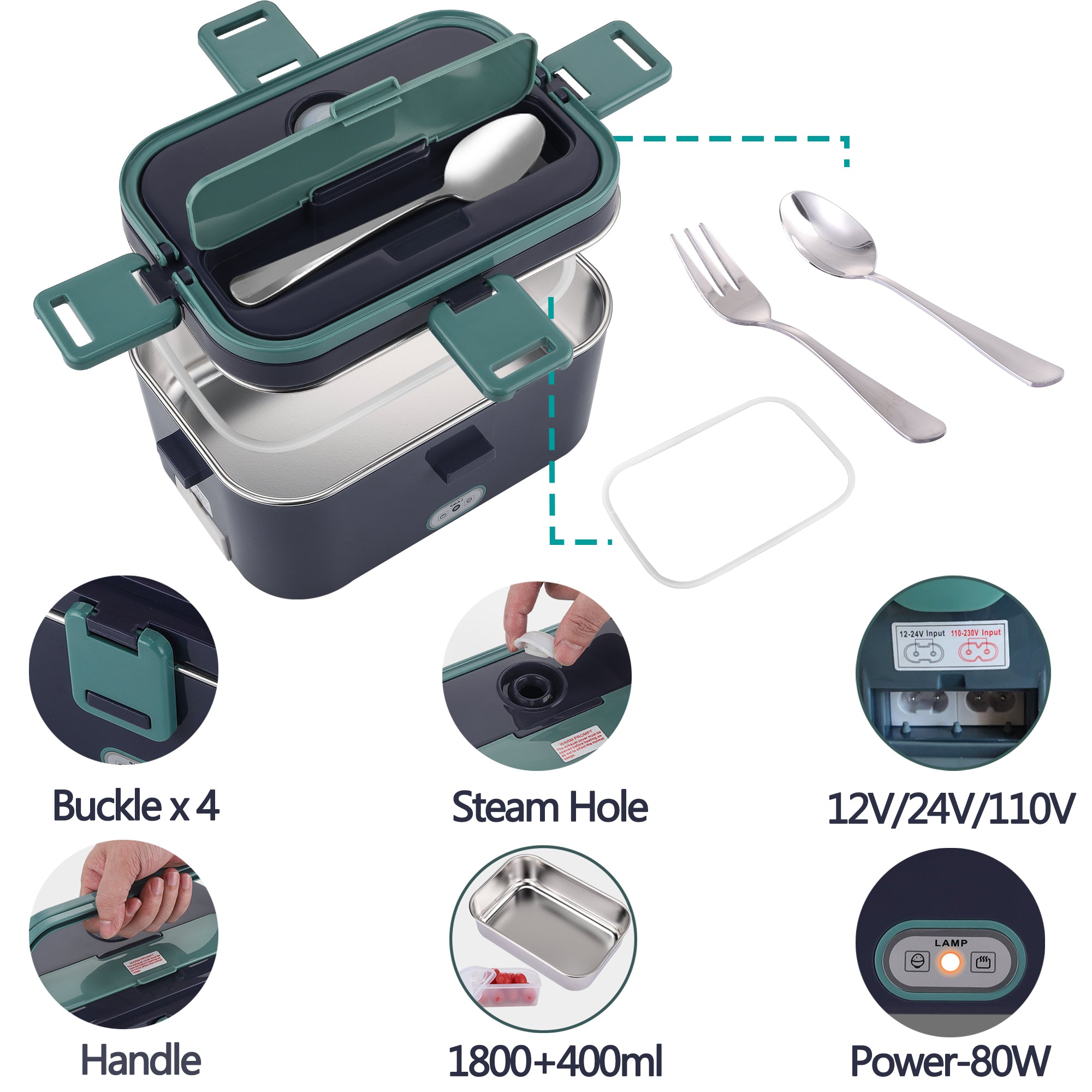 𝗡𝗮𝗽𝗼𝗹𝗶 Electric Lunch Box Food Heater 1800ml 80W Lunch Box Warmer 12V/24V/110V with Bag-Green