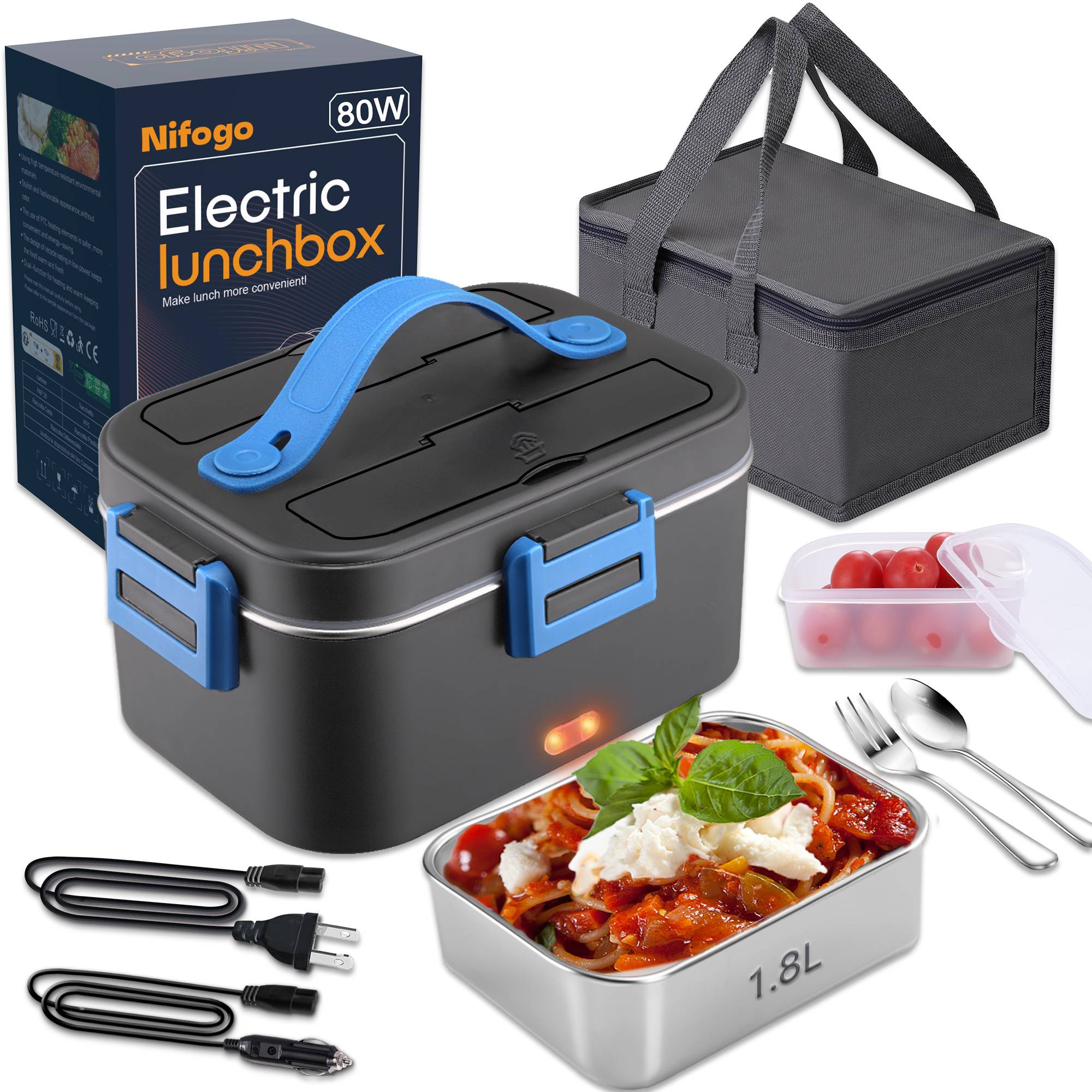 𝗩𝗼𝘆𝗮𝗴𝗲𝗿 Electric Lunch Box for Adults 1800ml/80W Portable Heated Lunch Box for Men 3 in 1 110V/12V/24V-Blue