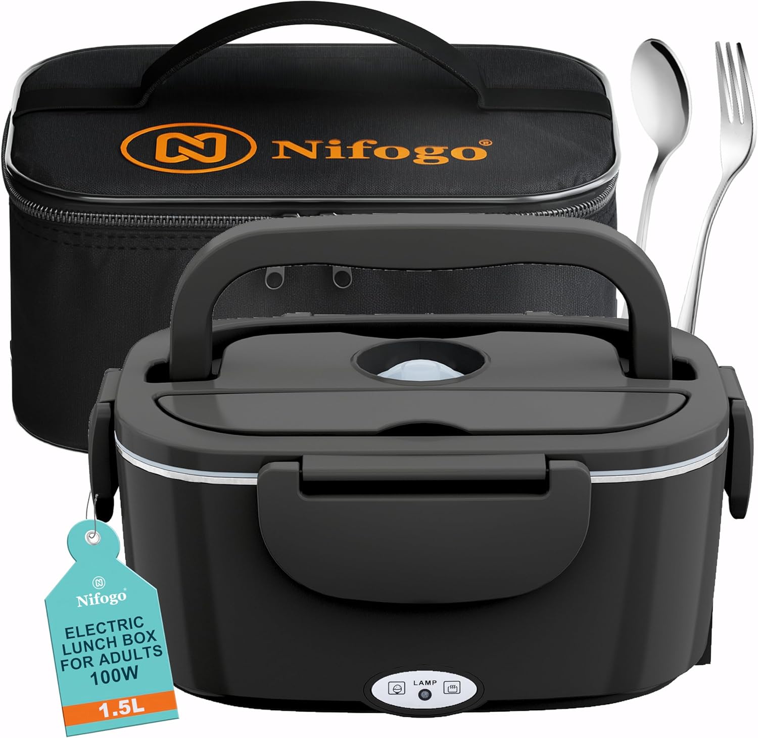 Nifogo Boîte à lunch électrique pour adultes, 1,5L 100 W, chauffage plus rapide, double conteneur, 12/24/110 V, boîte à lunch électrique portable pour le travail, la voiture, le camion