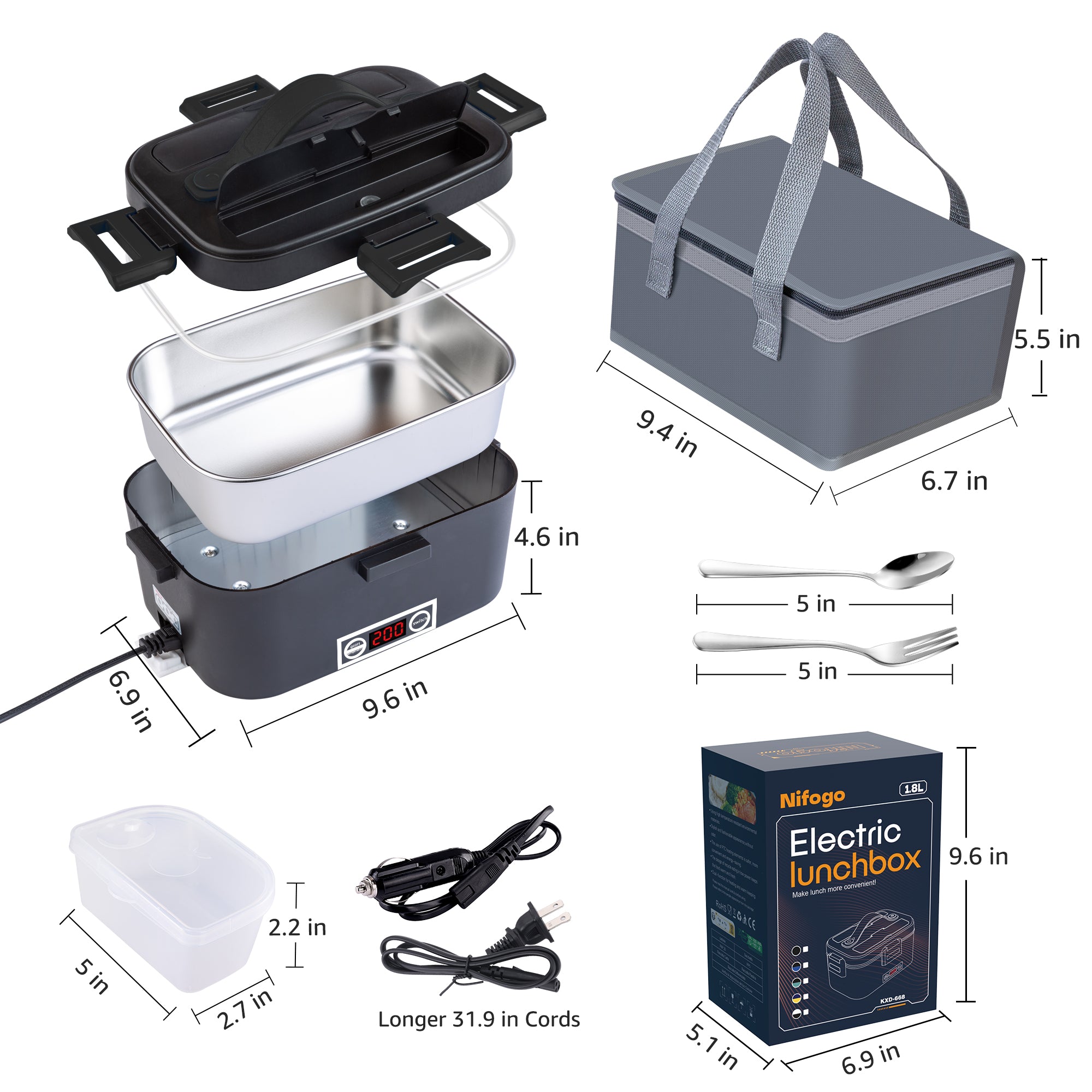 𝗩𝗼𝘆𝗮𝗴𝗲𝗿 Electric Lunch Box for Adults with Temperature Display 1800ml/80W Portable Heated Lunch Box for Men 3 in 1 110V/12V/24V-Upgrade Black