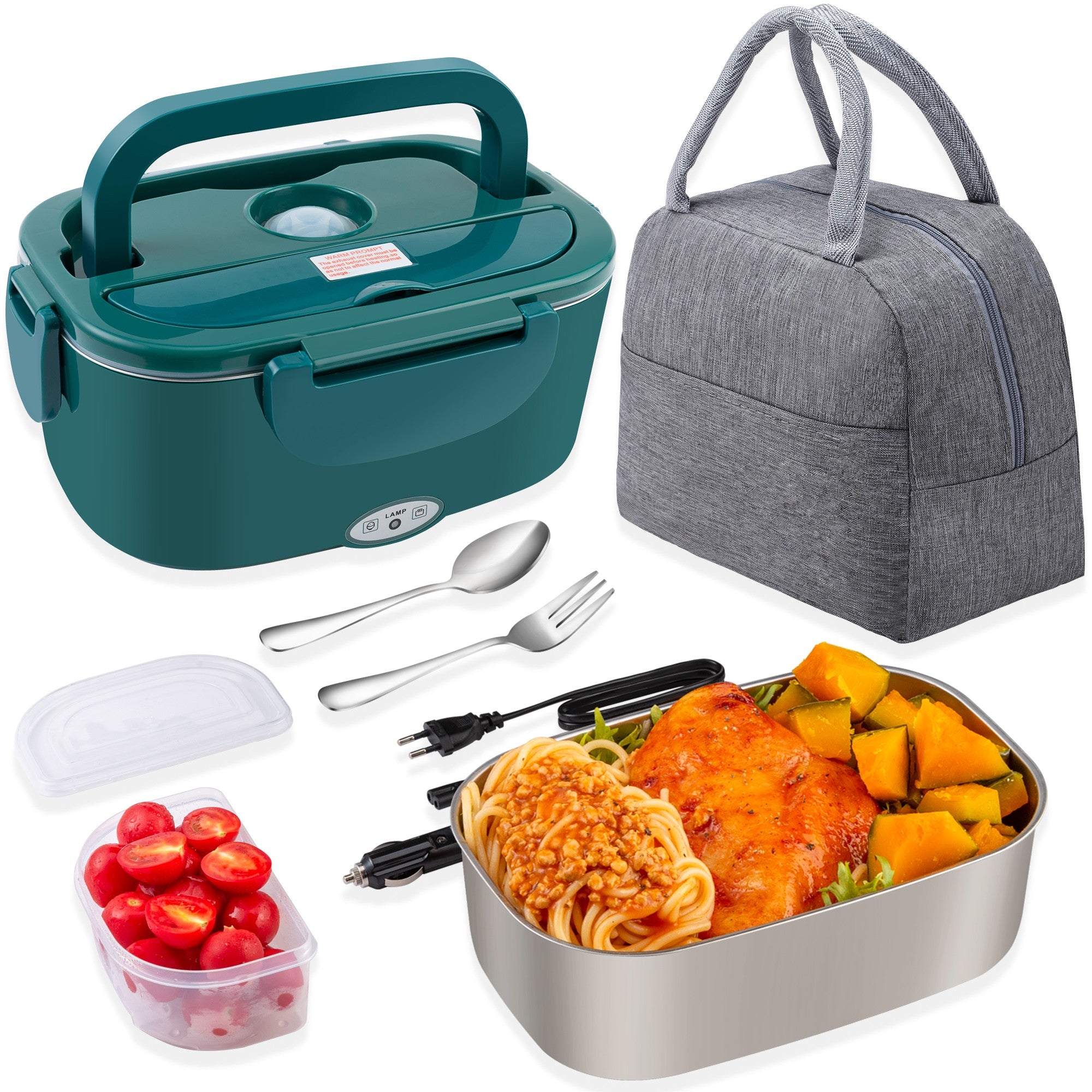 𝗔𝗽𝗼𝗹𝗹𝗼 Electric Lunch Box Food Heater 1500ml 80W Lunch Box Warmer 12v/24v/110v with Bag-Green