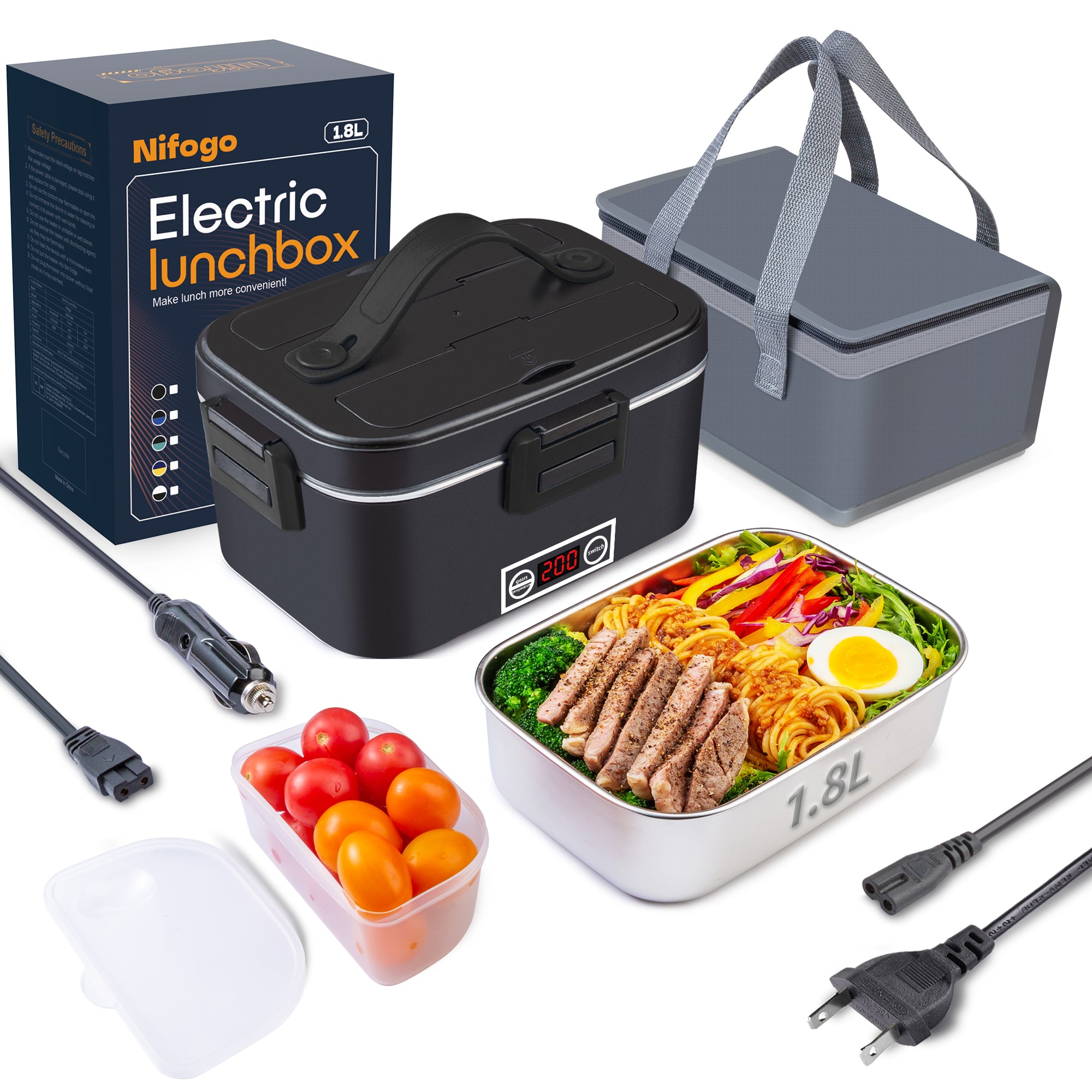 𝗩𝗼𝘆𝗮𝗴𝗲𝗿 Electric Lunch Box for Adults with Temperature Display 1800ml/80W Portable Heated Lunch Box for Men 3 in 1 110V/12V/24V-Upgrade Black