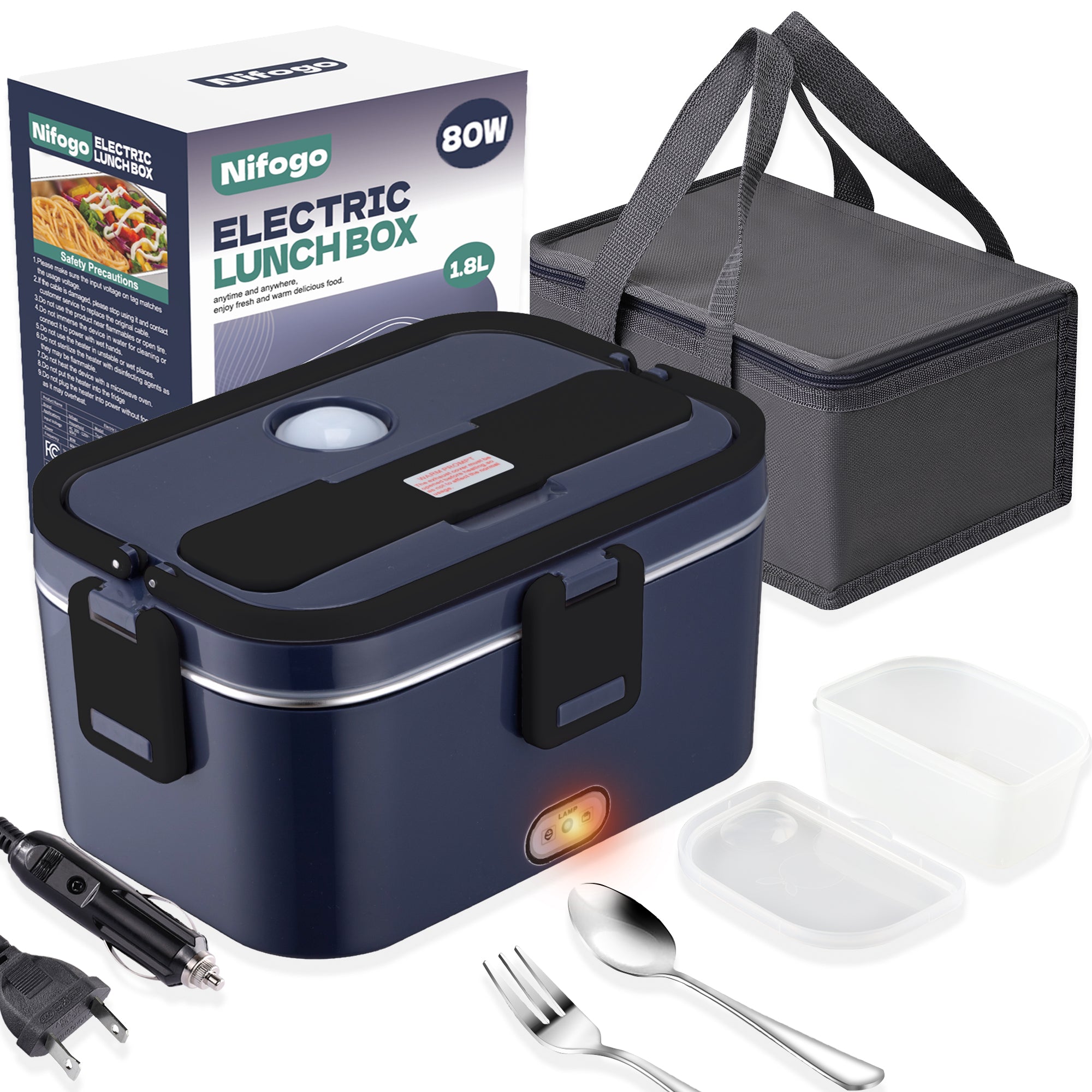 𝗡𝗮𝗽𝗼𝗹𝗶 Electric Lunch Box Food Heater 1800ml 80W Lunch Box Warmer 12V/24V/110V with Bag-Black