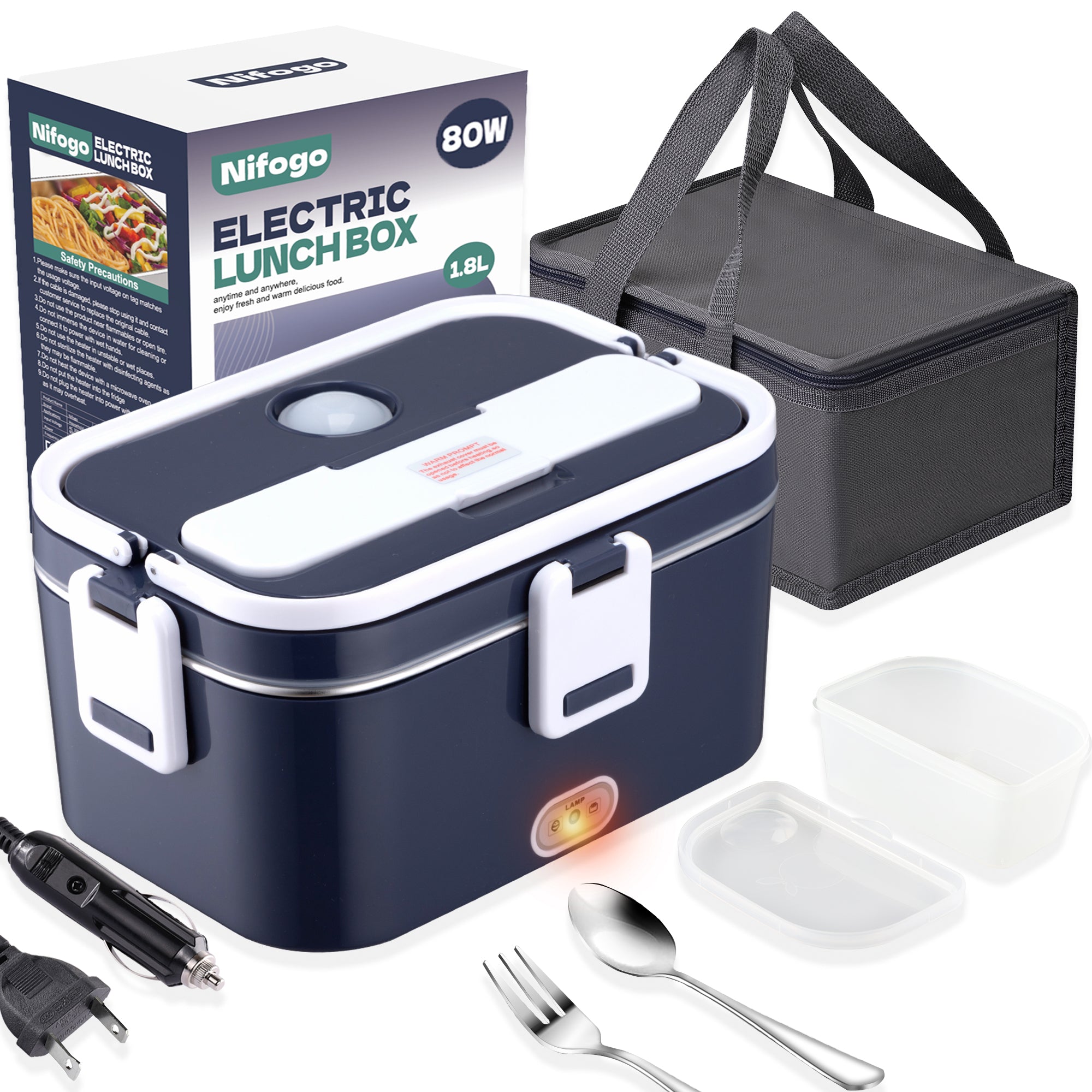 𝗡𝗮𝗽𝗼𝗹𝗶 Electric Lunch Box Food Heater 1800ml 80W Lunch Box Warmer 12V/24V/110V with Bag-White