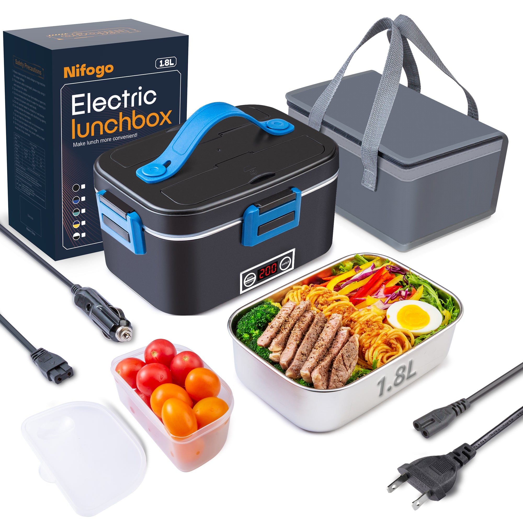 𝗩𝗼𝘆𝗮𝗴𝗲𝗿 Electric Lunch Box for Adults with Temperature Display 1800ml/80W Portable Heated Lunch Box for Men 3 in 1 110V/12V/24V-Upgrade Blue