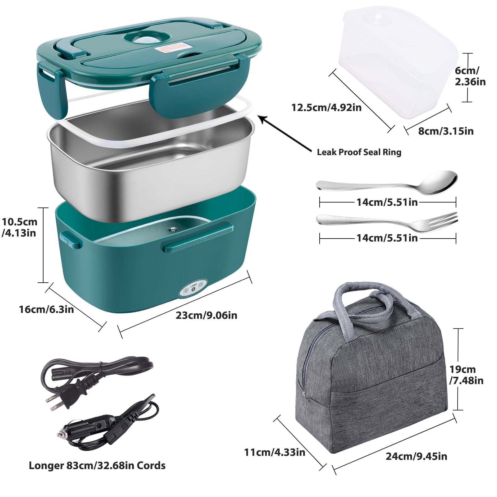 𝗔𝗽𝗼𝗹𝗹𝗼 Electric Lunch Box Food Heater 1500ml 80W Lunch Box Warmer 12v/24v/110v with Bag-Green