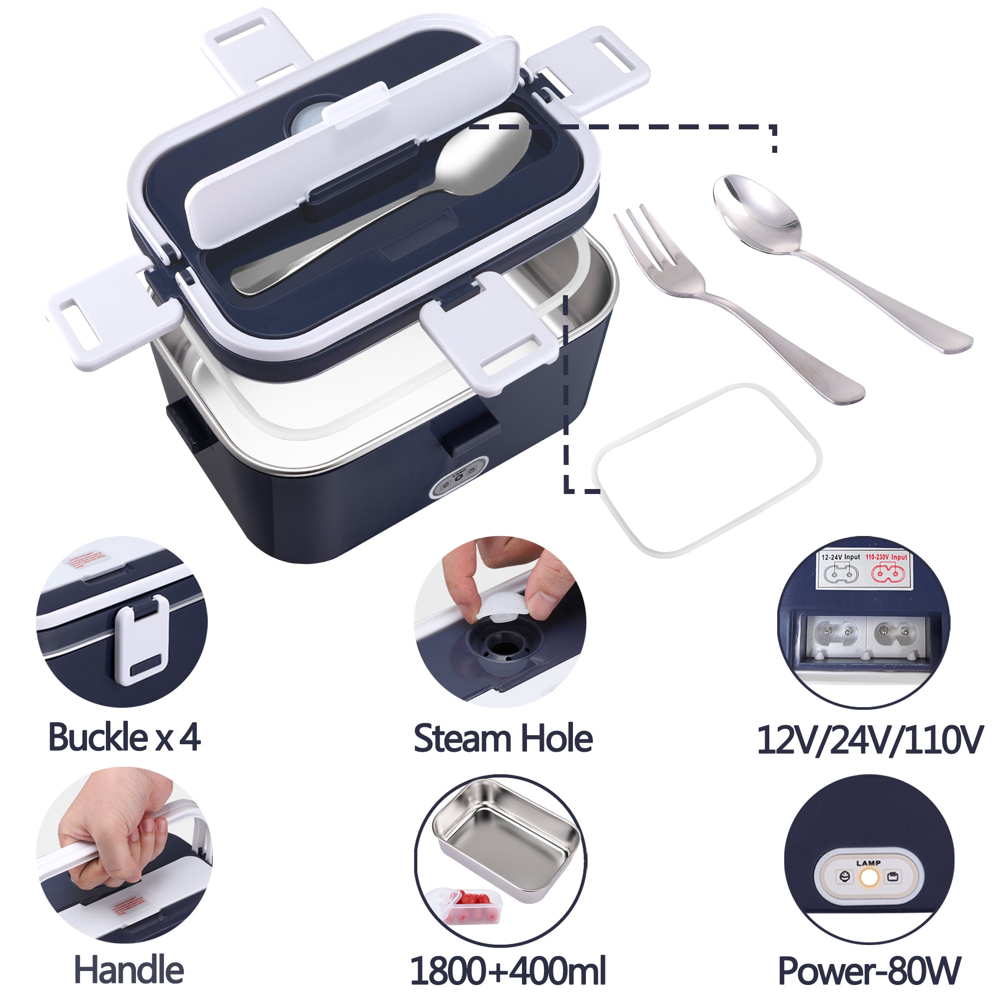 𝗡𝗮𝗽𝗼𝗹𝗶 Electric Lunch Box Food Heater 1800ml 80W Lunch Box Warmer 12V/24V/110V with Bag-White