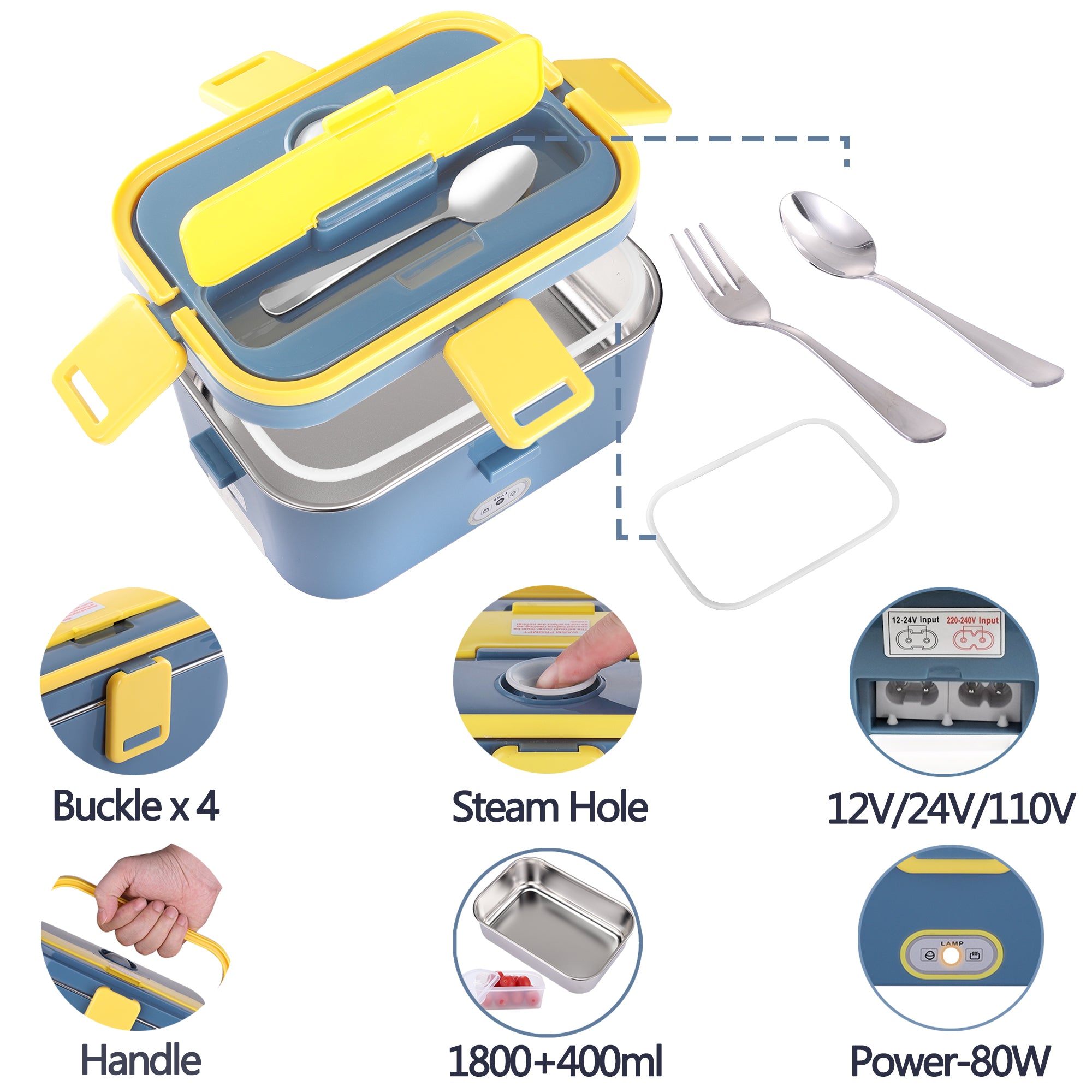 𝗡𝗮𝗽𝗼𝗹𝗶 Electric Lunch Box Food Heater 1800ml 80W Lunch Box Warmer 12V/24V/110V with Bag-Yellow